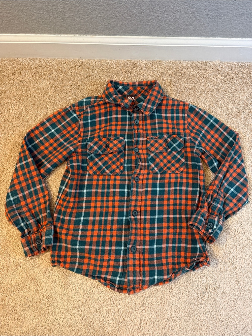 Tea Collection Kids Orange & Green 100% Cotton Plaid Button-Up Shirt Size Small